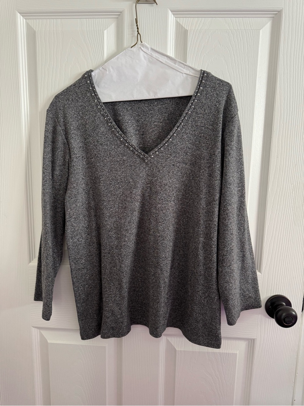 Rafaella Charcoal V-Neck Sweater with Stud Trim